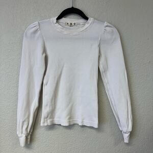 AMO Waffle Knit Crew Neck Long Puff Sleeve Top White Size XS